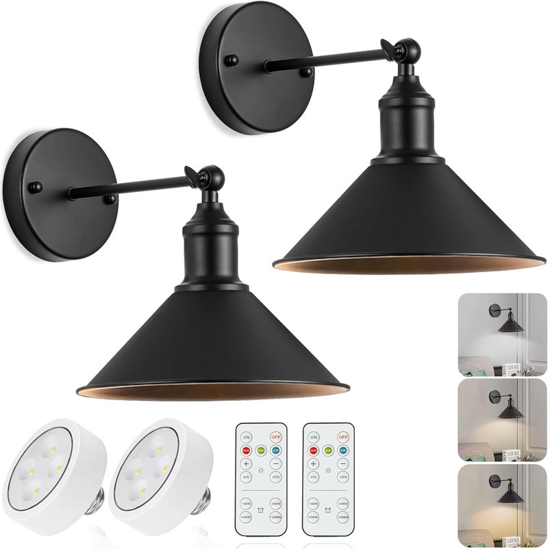 Franing Vintage Black Wireless Battery Operated Wall Sconces, Cordless LED Wall Lights Set of 2 with Remote Control, for Bedroom, Farmhouse, Gallery - Easy Setup, Adjustable Brightness, Long-Lasting Battery - Image 1